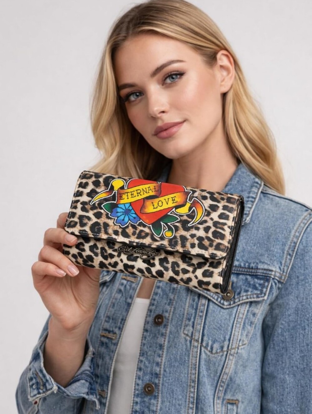 Ed Hardy Leopard Print Wallet with Multicolor 'Eternal Love' Graphic